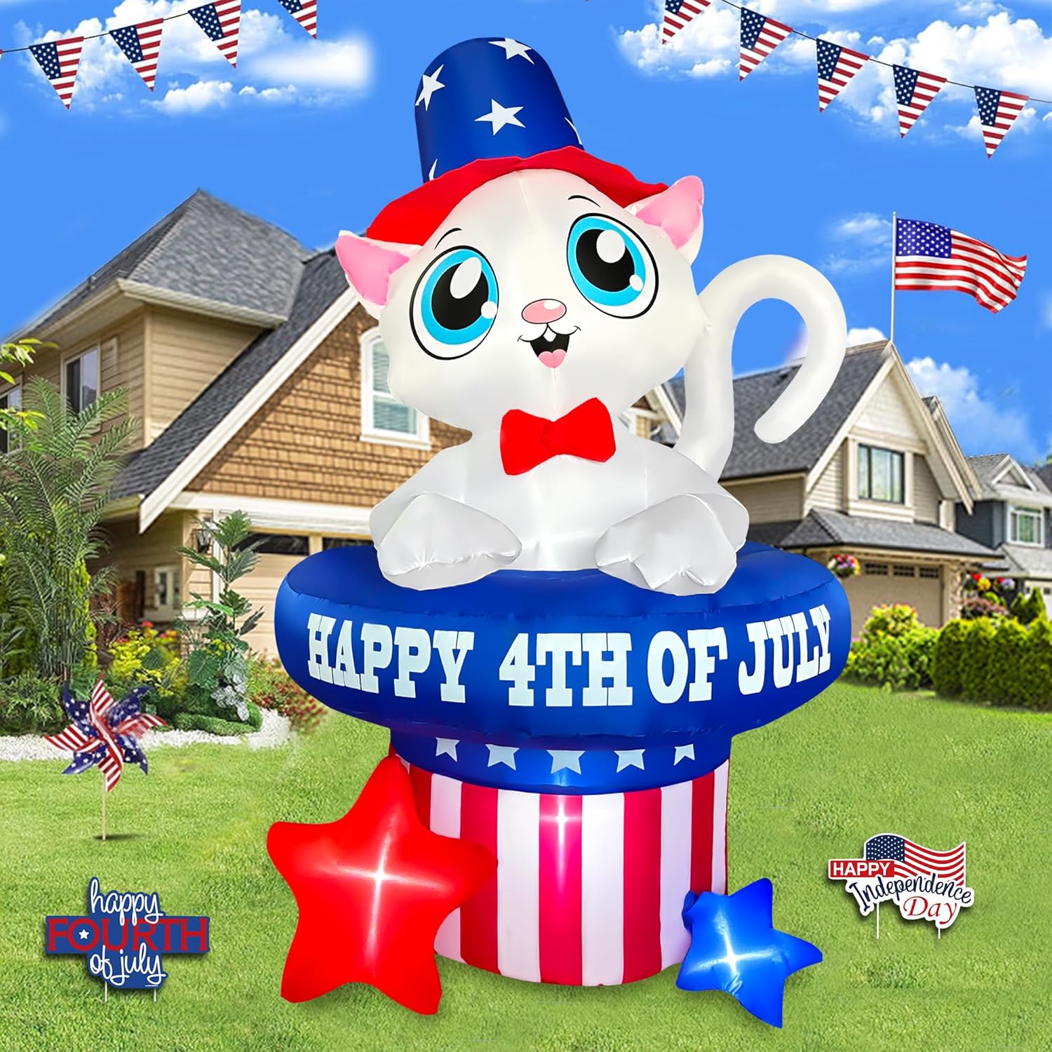 5 FT Patriotic Inflatable Cat 4th of July Inflatables Outdoor Decorations Build-in LED Lights Memorial Day Inflatables Fourth of July Decor for Party