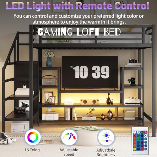 Queen Loft Bed with L-Shaped Desk and Stairs,Metal Queen Size LoftBed with Wardrobe and Adjustable Shelf, Gaming Bed with LED and USB