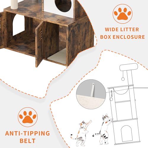 Litter Box Enclosure with Cat Tree Tower and Condo,Hidden Pet Washroom Furniture with Sisal Scratching Post,Hammocks,Condo,Multiple Platform