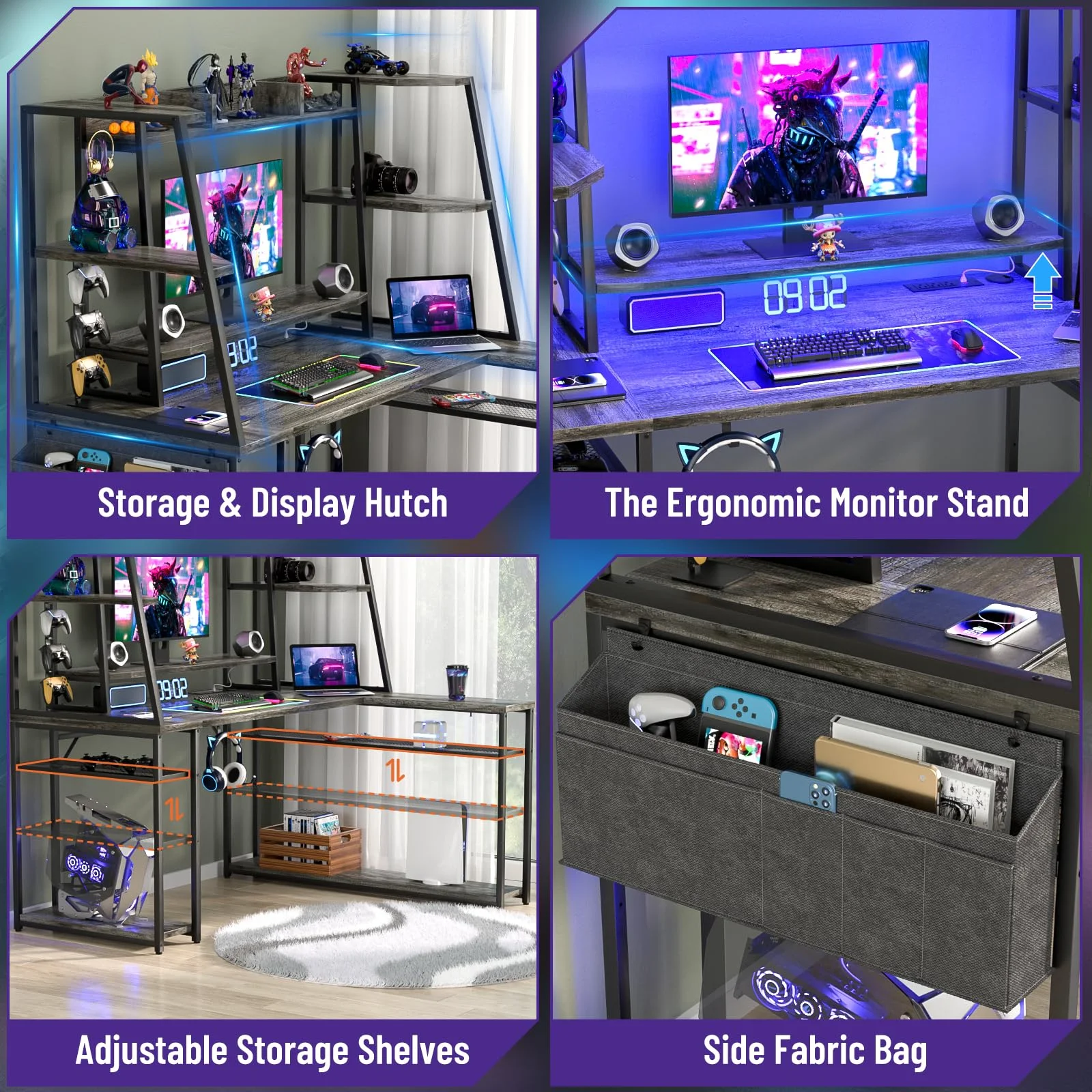 Homieasy Desk with LED Lights and Power Outlets, 47'' Reversible Large Corner Computer Desk with Hutch and Storage Shelf