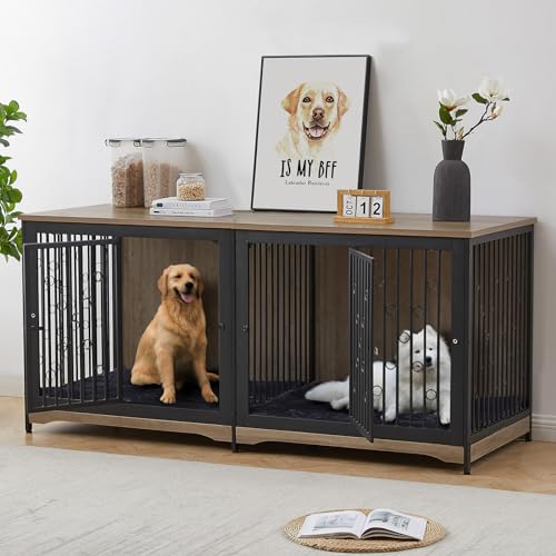 71'' Dog Crate Furniture for 2 Large Medium Dogs, XXL Wooden Indoor Double Crate Kennel Cage Large Breed with Door, TV Stand End Table with Divider