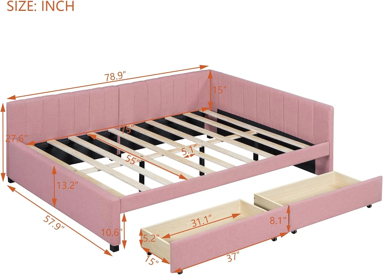Full Size Daybed, Upholstered Full Daybed with 2 Storage Drawers, Linen Fabric Full Size Sofa Bed Frame, No Box Spring Needed