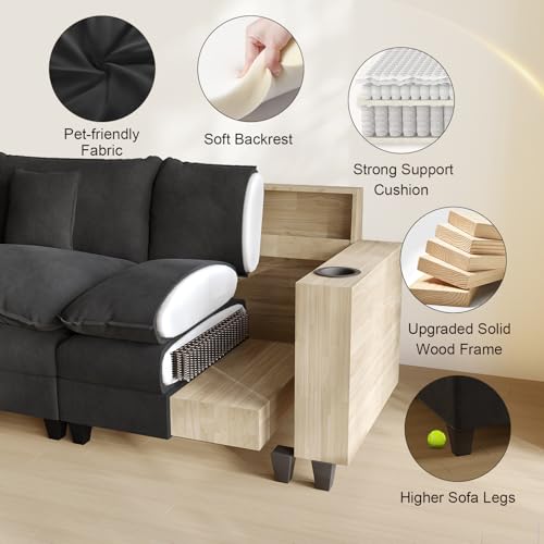 Modular Sectional Sofa, Cloud Couch with Ottoman, Charging Station, Throw Pillows, Cup Holders, Modern Convertible U Shaped Couches for Living Room
