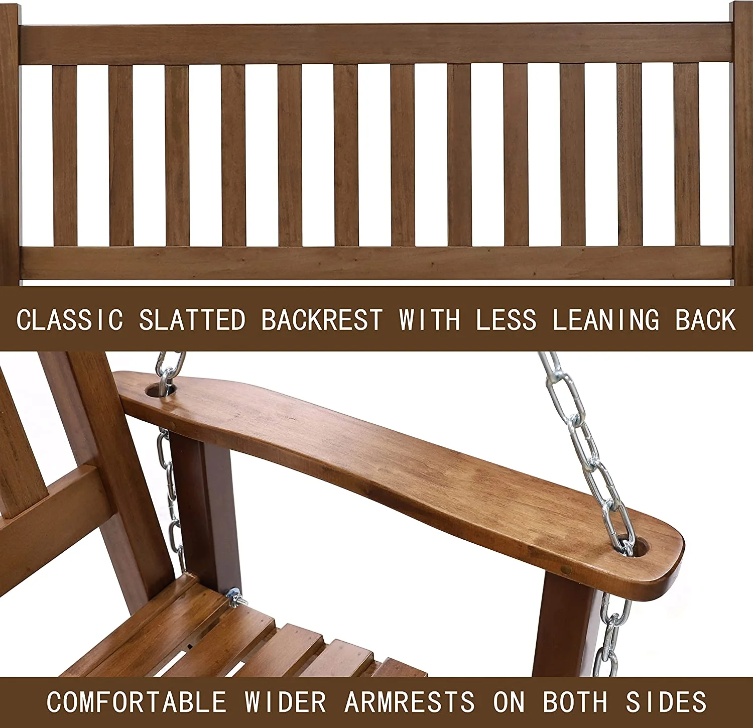 Outdoor Patio Hanging Wooden Porch Swing 5FT with Chains, 3-Person Heavy Duty Swing Bench for Garden and Backyard, Wood Brown