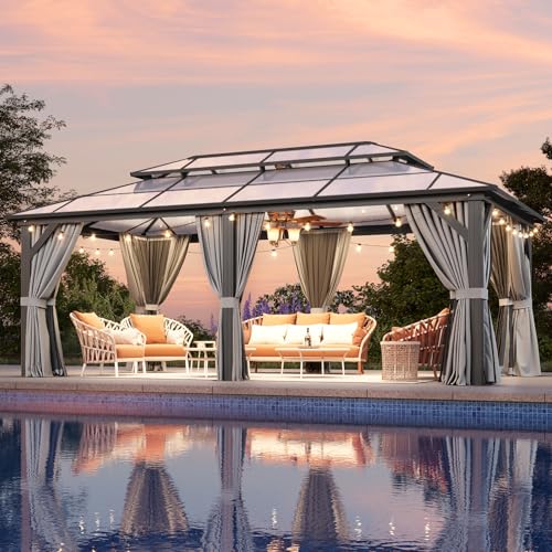 Aoxun 12'x16' Hardtop Gazebo, Aluminum Frame Permanent Pavilion with Netting and Curtains, Outdoor Polycarbonate Double Roof Canopy