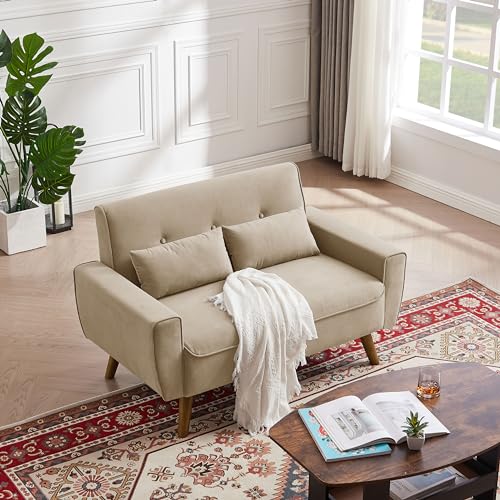 48.8" Small Loveseat Sofa, Mid Century Modern Love Seat Couch with Back Cushions and Wood Legs, 2 Seater Couches for Living Room, Bedroom