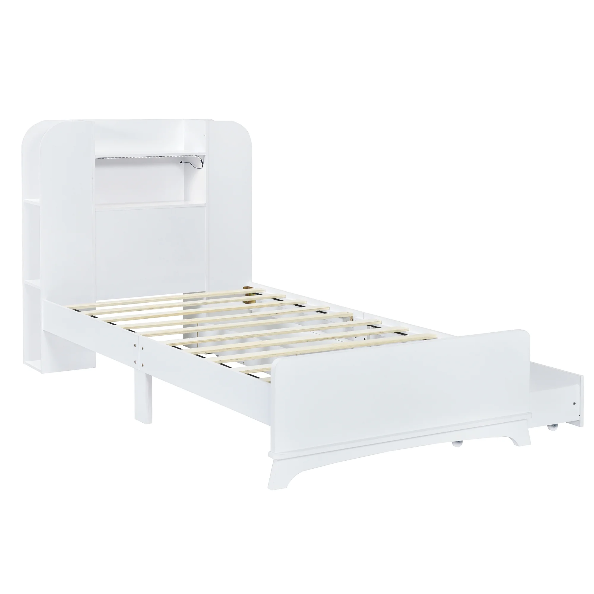 EUROCO Wood Twin Size Platform Bed with Storage Headboard and 2 Drawers, Open Shelf and LED Light for Kids Teens Adults, White