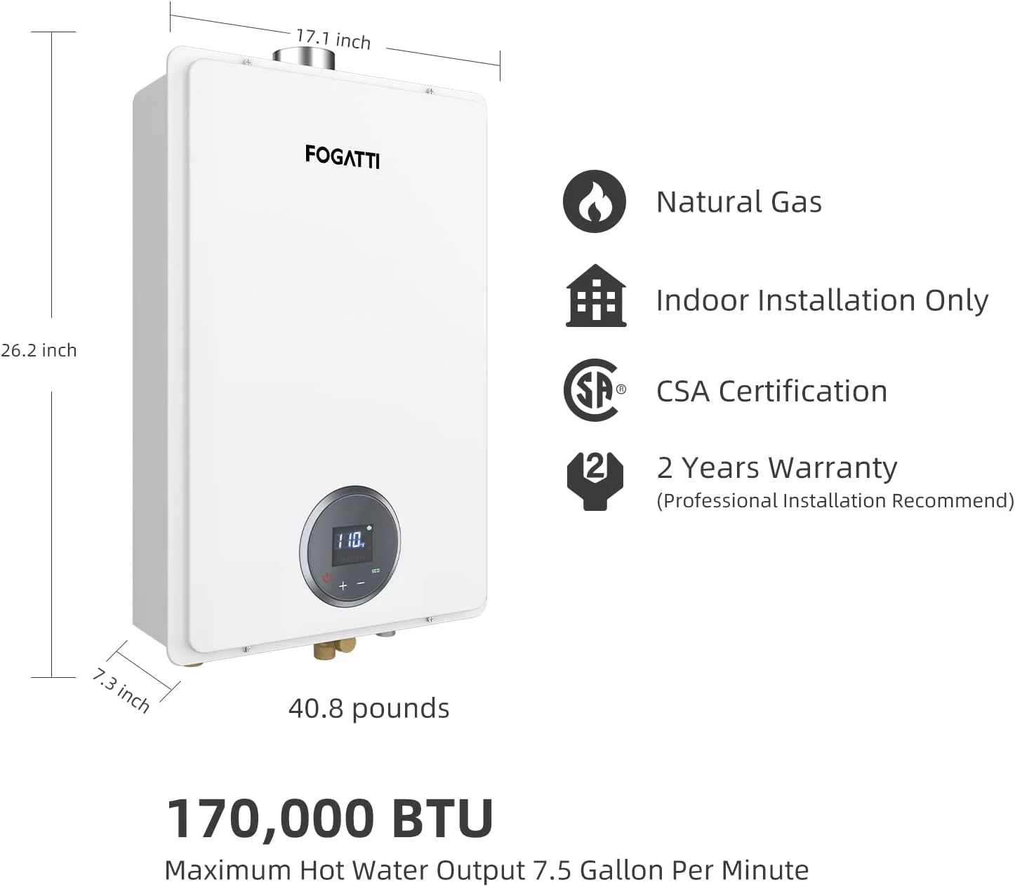 FOGATTI 7.5 GPM Natural Gas Tankless Water Heater On Demand Hot Water Heater Indoor Tankless Water Heater for Shower