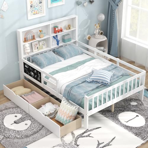 Giantex Full Bed with 2 Storage Drawers, Solid Wood Kids Bed Frame w/Bookcase Headboard & Blackboard, Full-Length Guardrails & Wooden Slats Support