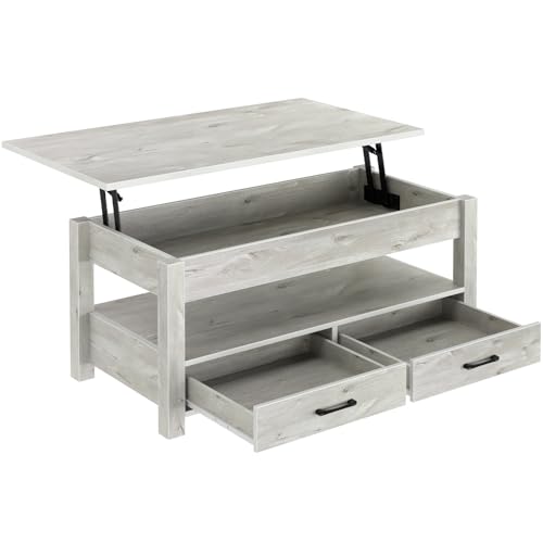Rolanstar Coffee Table, Lift Top Coffee Table with Drawers and Hidden Compartment, Retro Central Table with Wooden Lift Tabletop, for Living Room