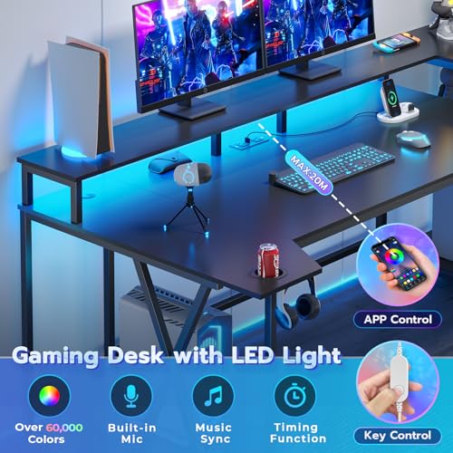 SEDETA Gaming Desk 70.8'' with LED Lights and Storage Shelves, Computer Desk with Monitor Stand, Power Outlets and Cup Holder, Large PC Gamer Desk