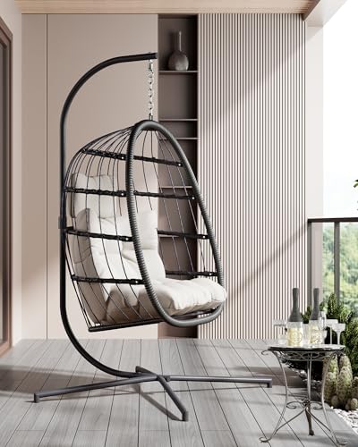 HWB Hanging Egg Chair with Stand, Patio Wicker Hammock Egg Swing Chair with Cushion for Bedroom Garden Indoor Outdoor (Beige)
