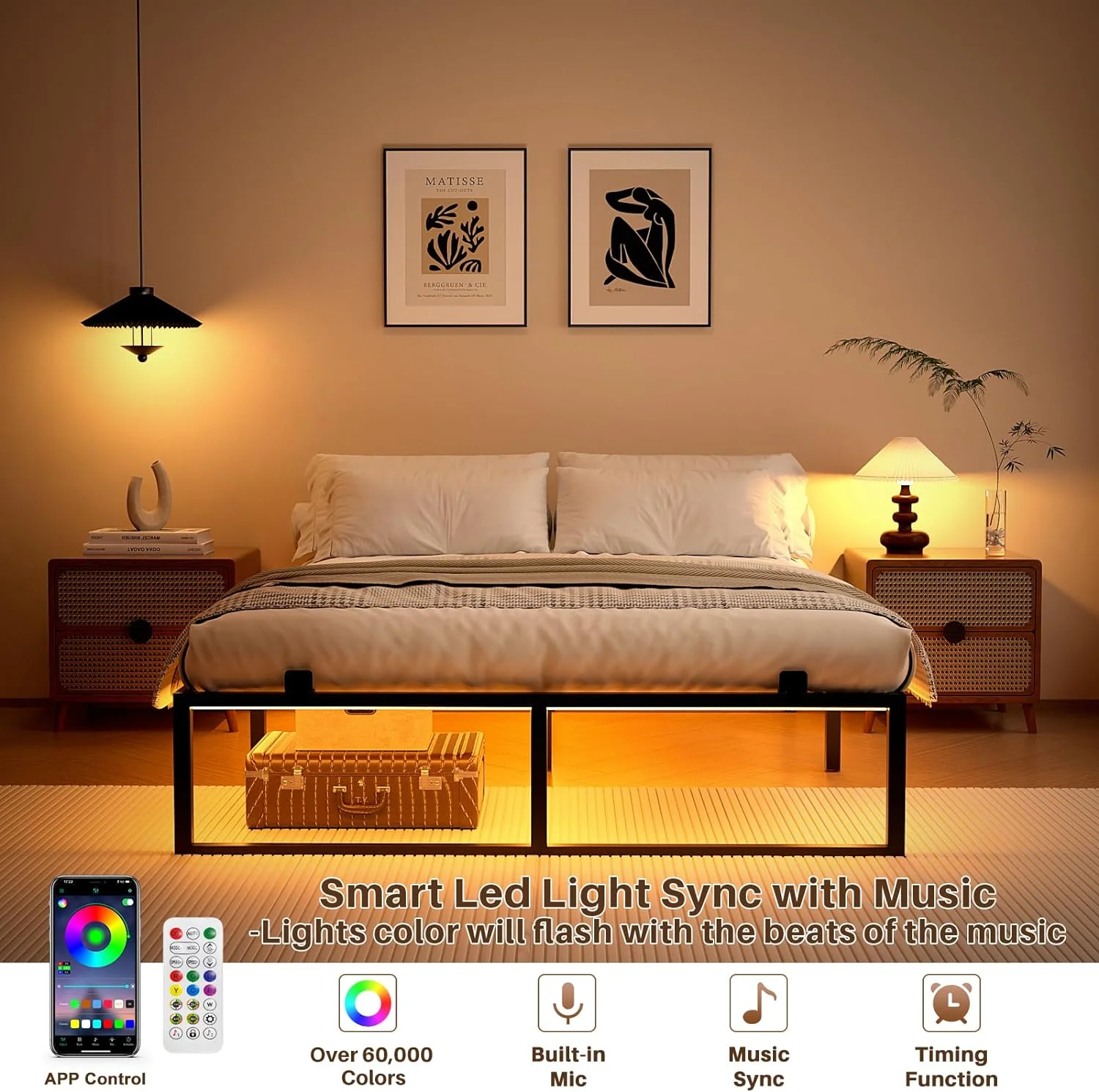 Homieasy Metal Bed Frame with Charging Station and LED Lights, 14 Inch Queen Size Platform Bed Frame with Non-Slip Mattress Gaskets