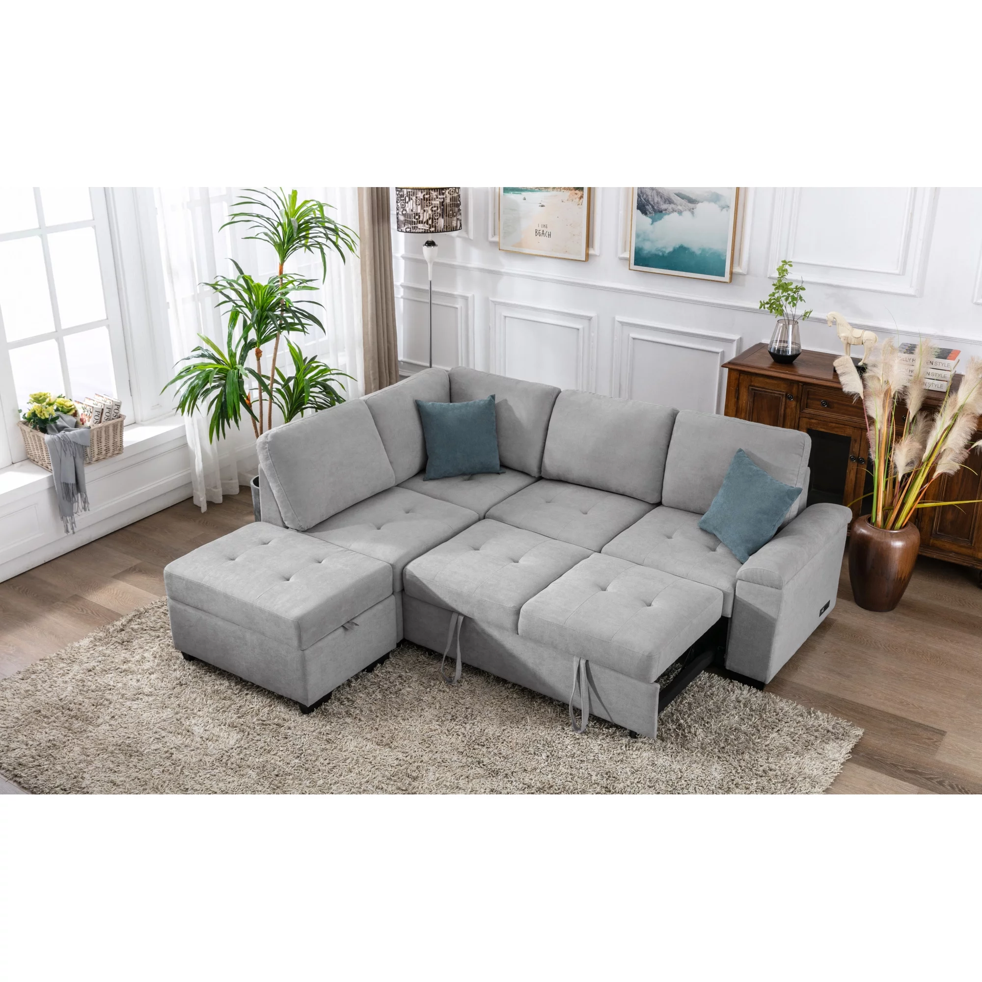 Sleeper Sectional Sofa, L-Shape Corner Couch Sofa-Bed with Storage Ottoman & Hidden Arm Storage & USB Charge for Living Room Apartment, Gray