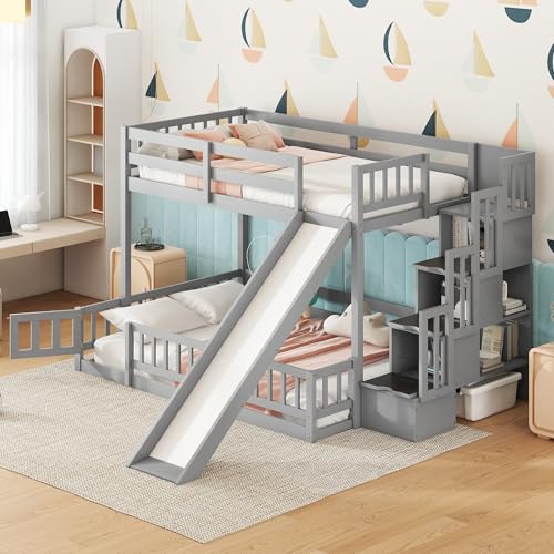Bunk Beds Twin Over Full Size, Pine Solid Wooden Bunk Bed with Slide, Storage Staircase, Safety Guardrails for Kids, White