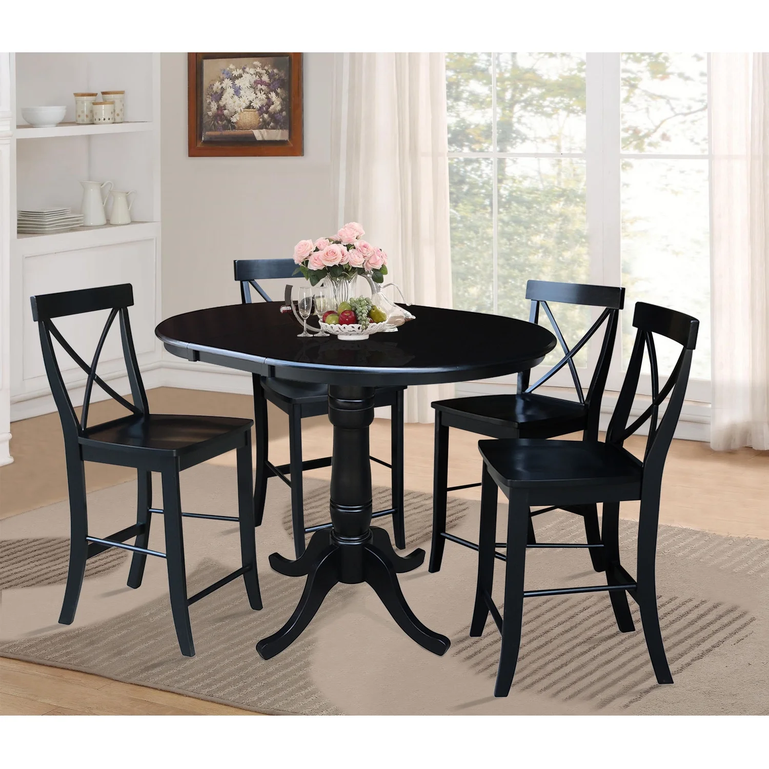 36" Round Counter Height Table with 12" Leaf and 4 X-back Stools - Black - 5 Piece set