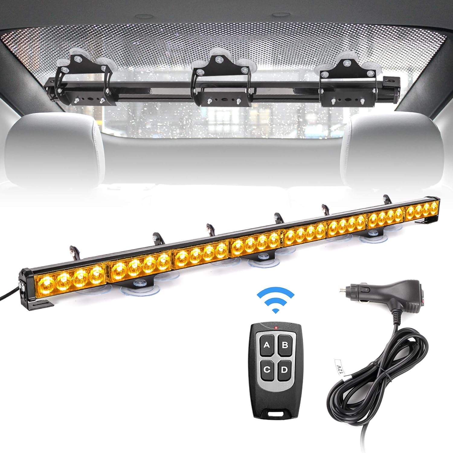 FEELOTAM Amber White Traffic Advisor Emergency Strobe Hazard Warning Light Windshield Safety Lights Bar 35.5 inch 8 Panels for Vehicles with Wireless