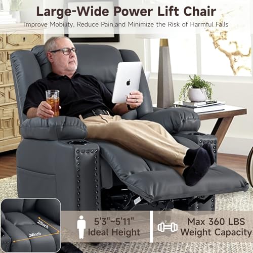 Large Power Lift Chairs Recliners for Elderly with Heated and Massage, Overstuffed Adjustable Lift Chairs, 3 Positions, Breathable Leather