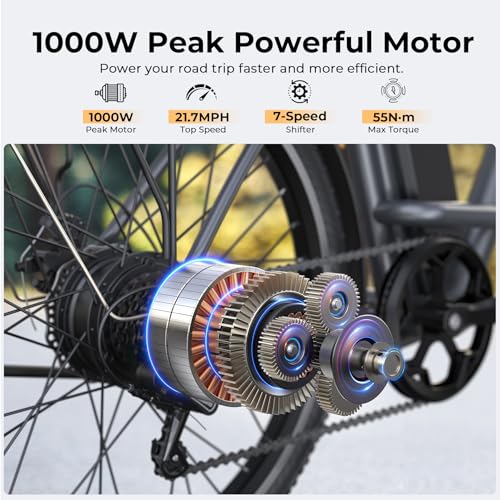 Electric Bike for Adults, 1000W Peak Ebike, 21.7MPH 50Miles City Cruiser Ebikes, 26" Step Thru Electric Bicycle with 48V Removable Battery