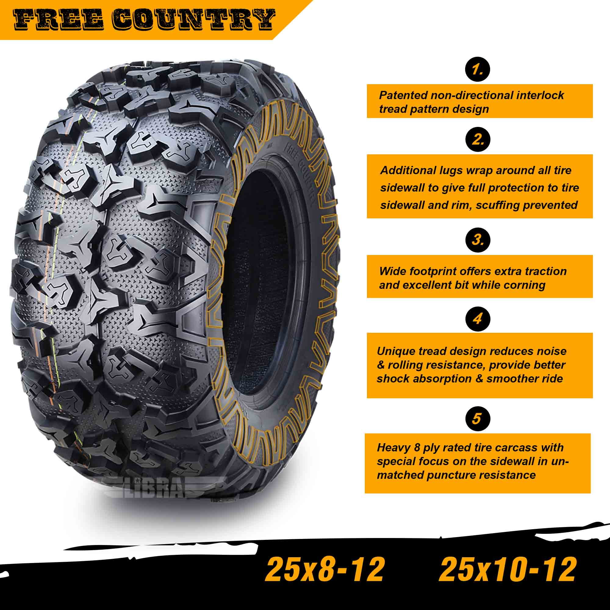 FREE COUNTRY 8PR Premium ATV Tires 25x8x12 & 25x10x12 fit 04-20 Yamaha KODIAK 400 450
