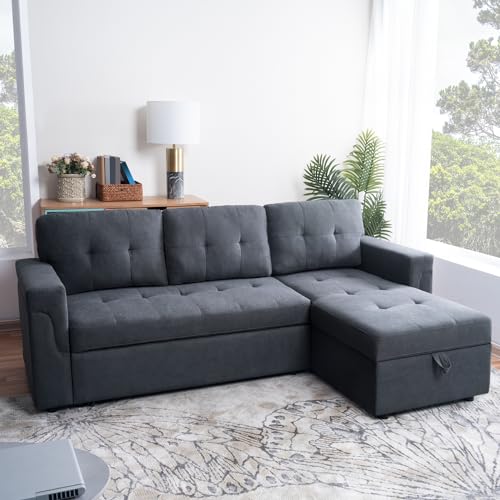 Naomi Home Reversible Sleeper Sectional Sofa Storage Chaise Velvet/Dark Gray