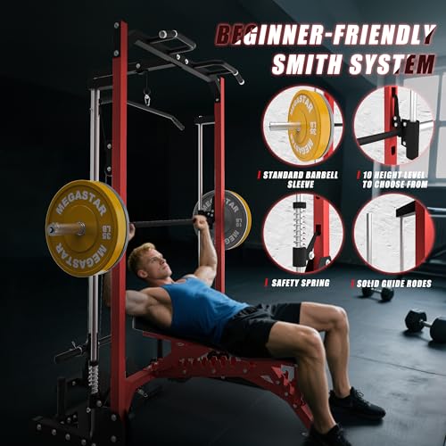Compact Smith Machine Home Gym - 800lb Barbell Sleeve, Space-Saving Power Cage with LAT Pulldown, Power Rack 5-in-1