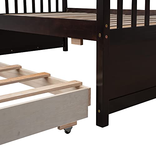 Harper & Bright Designs Twin Over Twin Bunk Bed with Storage Drawers, Solid Wood Bunk Bed Frame with Trundle, for Kids, Teens, Adults (Espresso)
