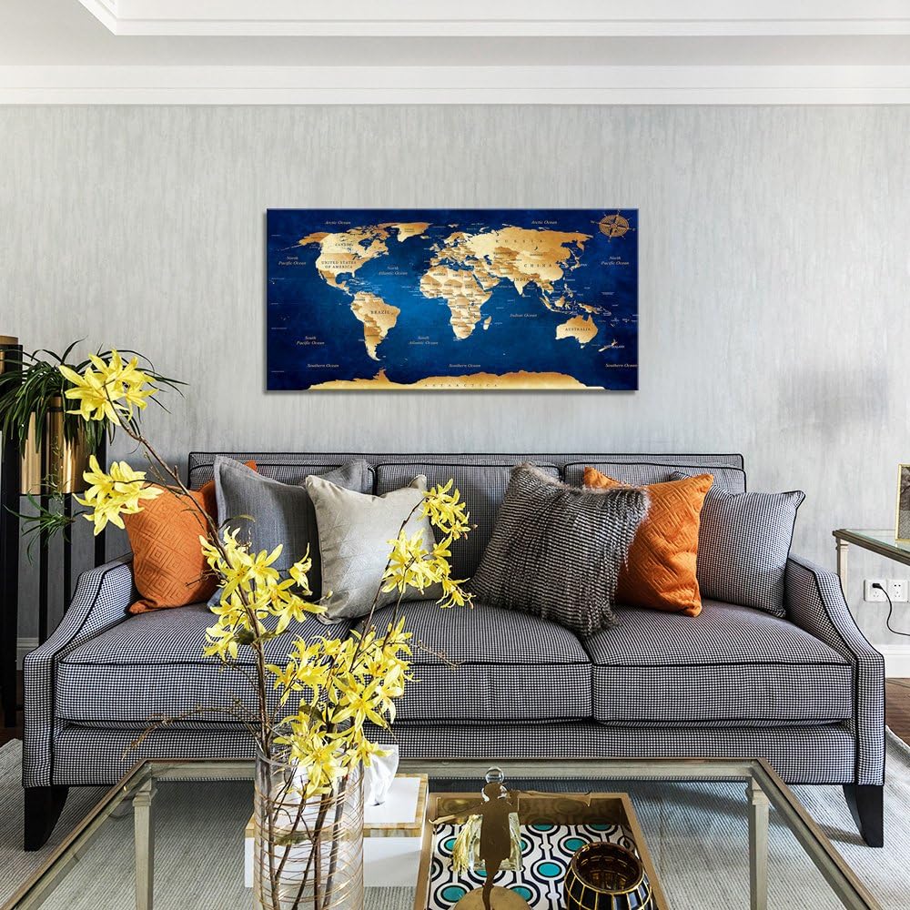Wall Art blue map of the world Painting Ready to Hang -20 x 40 Pieces Large Framed wall art world Map Canvas Art Map wall decorations Artwork Prints
