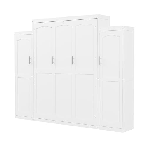 Harper & Bright Designs Full Size Murphy Bed, Wood Full Wall Bed with Two Closets and Storage Shelf