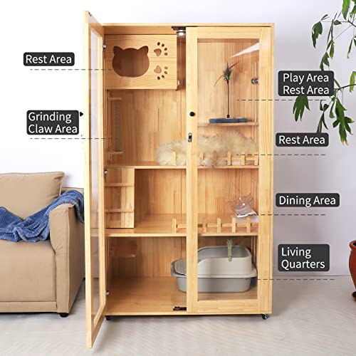 Laifug Catio Indoor Cat Enclosure Large Cat House for Mulitiple Cats, with Scratching Post and Lockable Wheels Double Layer with Escape Door