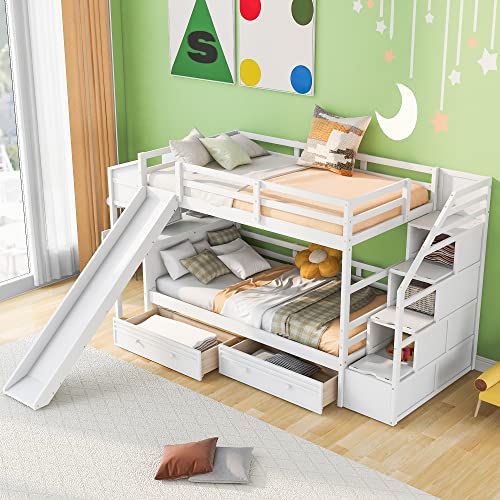 Full-Over-Full Castle Style Bunk Bed with 2 Drawers and 3 Shelves, Wood Bunk Bed Frame with Slide and Storage Staircase for Kids Teens Boys Girls