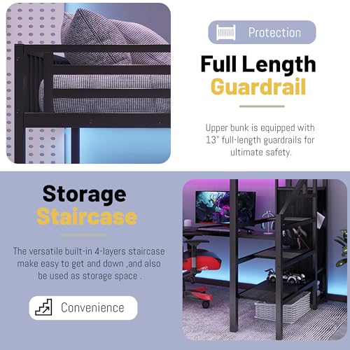 Full Size Loft Bed with Desk,Metal Heavy Duty Full Loft Bed with Stairs,Wardrobe and Shelves