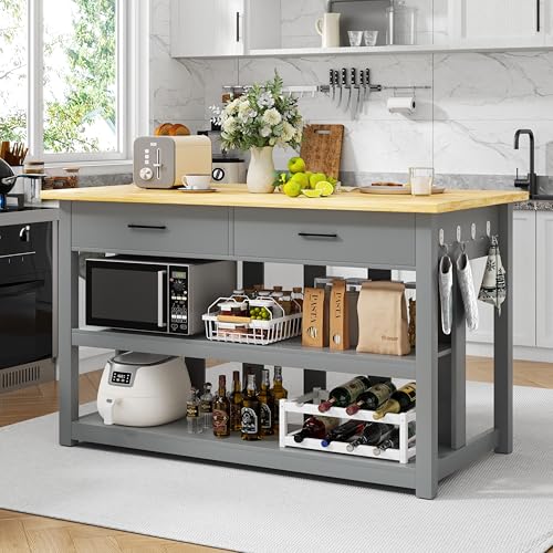 47.3" Solid Rubberwood Kitchen Island with Power Outlets - Extra Large Work Surface, 2 Drawers & Open Shelves Storage Cabinet for Kitchen Dining Room