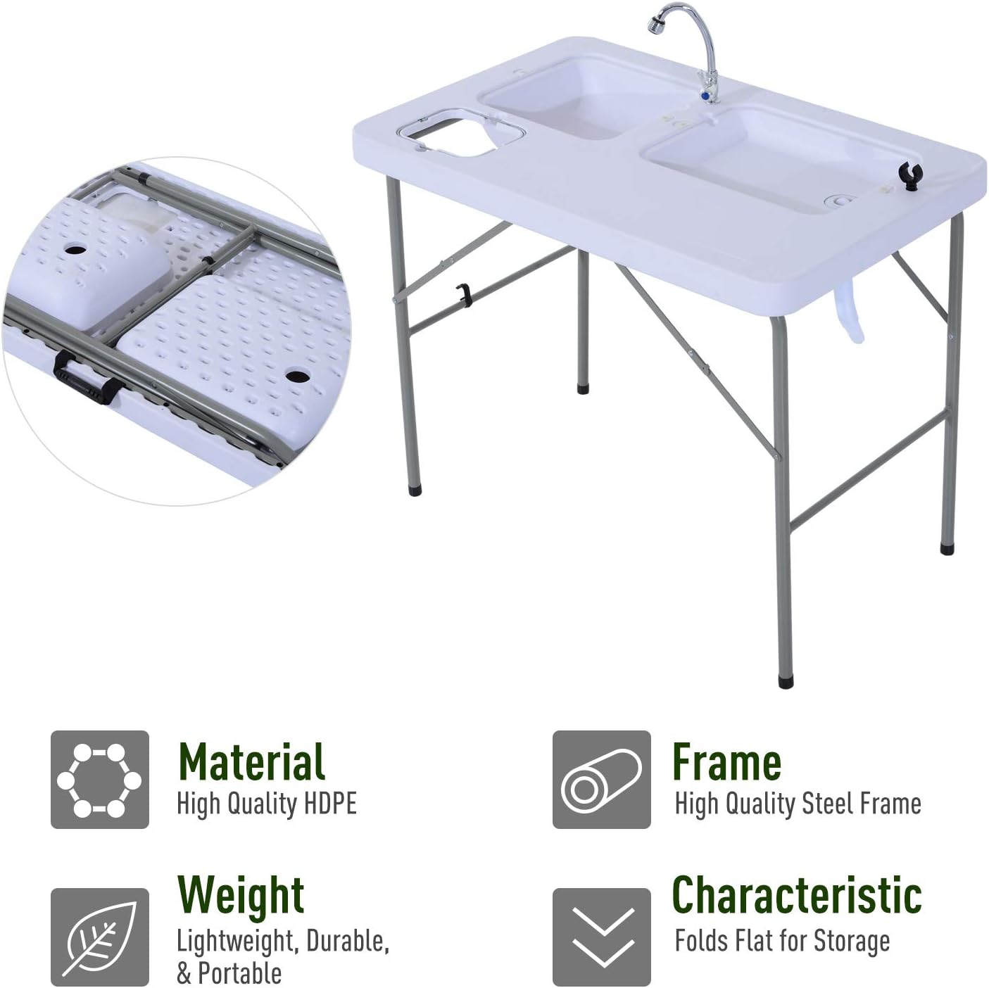 Outsunny Portable Folding Camping Sink Table with Faucet and Dual Water Basins, Outdoor Fish Table Sink, 40''