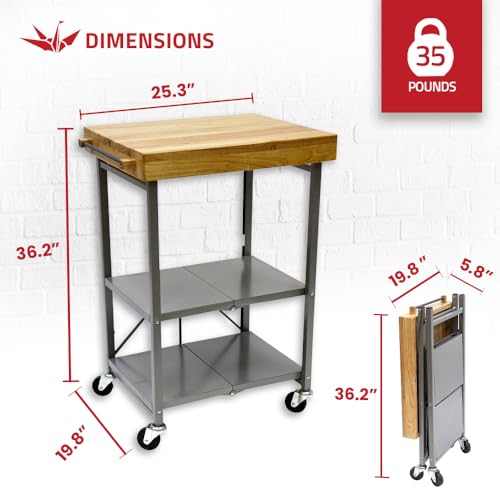 Origami Folding Kitchen Cart on Wheels, 3-Tier Foldable Rolling Cart - Chefs Outdoor Cart for Wine and Food, Microwave Cart, Plating Shelf