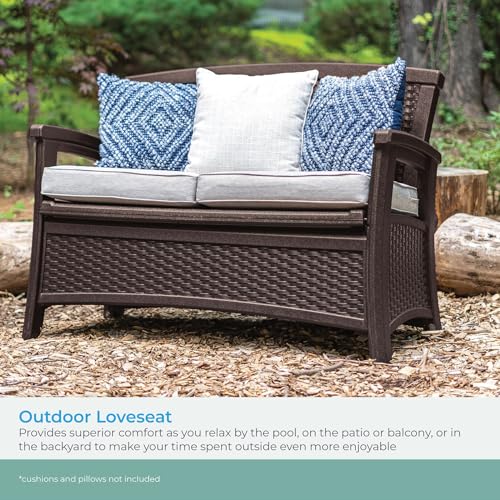 Suncast Elements Stylish Lightweight Loveseat Outdoor Seating with Convenient Built In Universal Storage, and All Weather Plastic, White