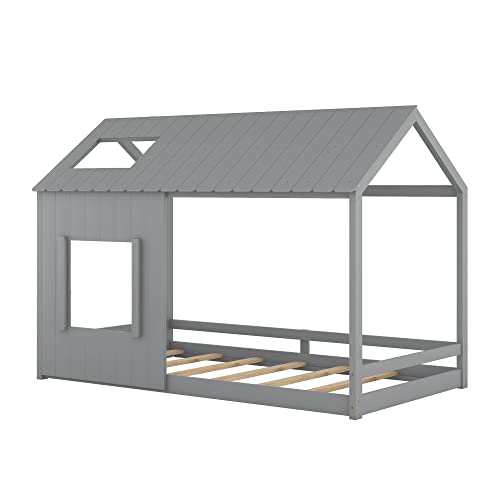 Harper & Bright Designs Twin Size Kids House Bed, Montessori Floor Bed Twin with Roof and Window