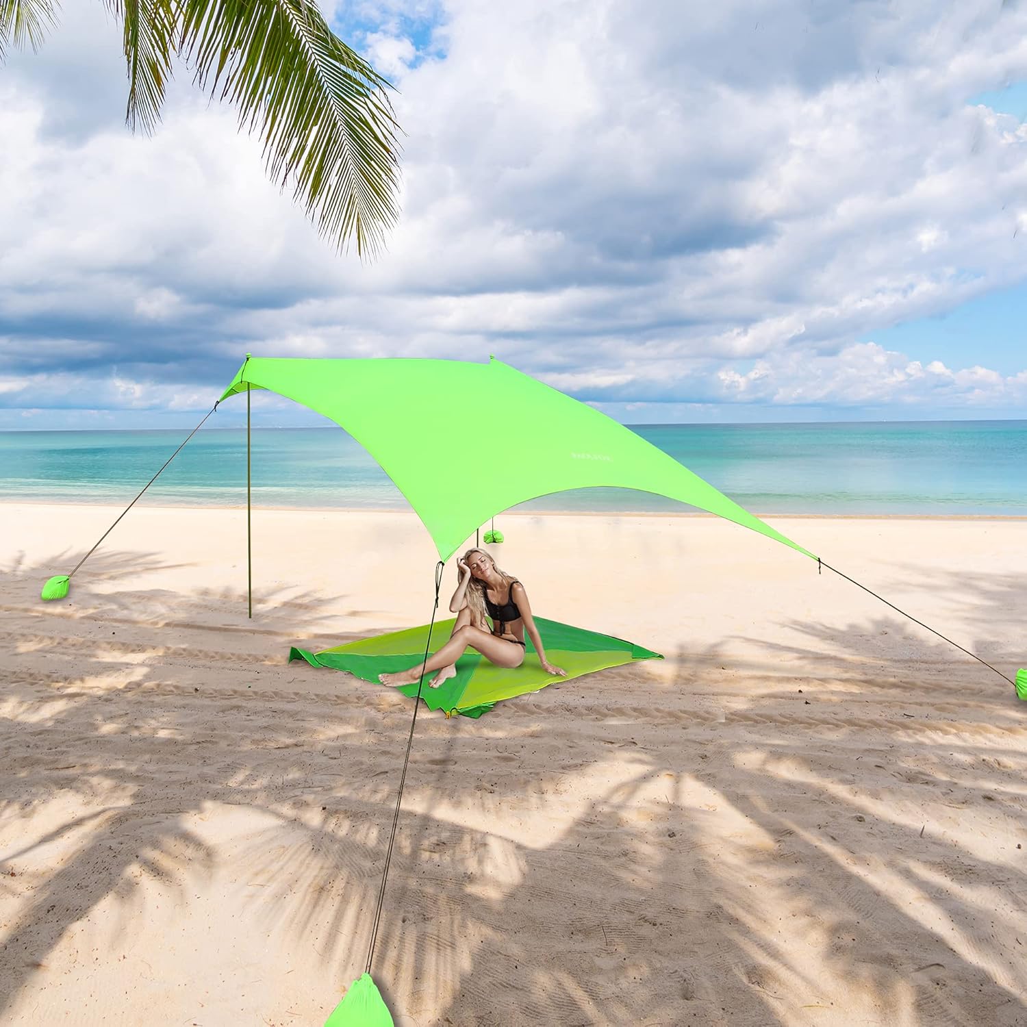 Pop Up Beach Tent Sun Shelter, Outdoor Shade Canopy with Sandbags, UPF50+ Portable Beach Tents Sun Shelter with 2 Aluminum Poles (Azure 4 Poles)