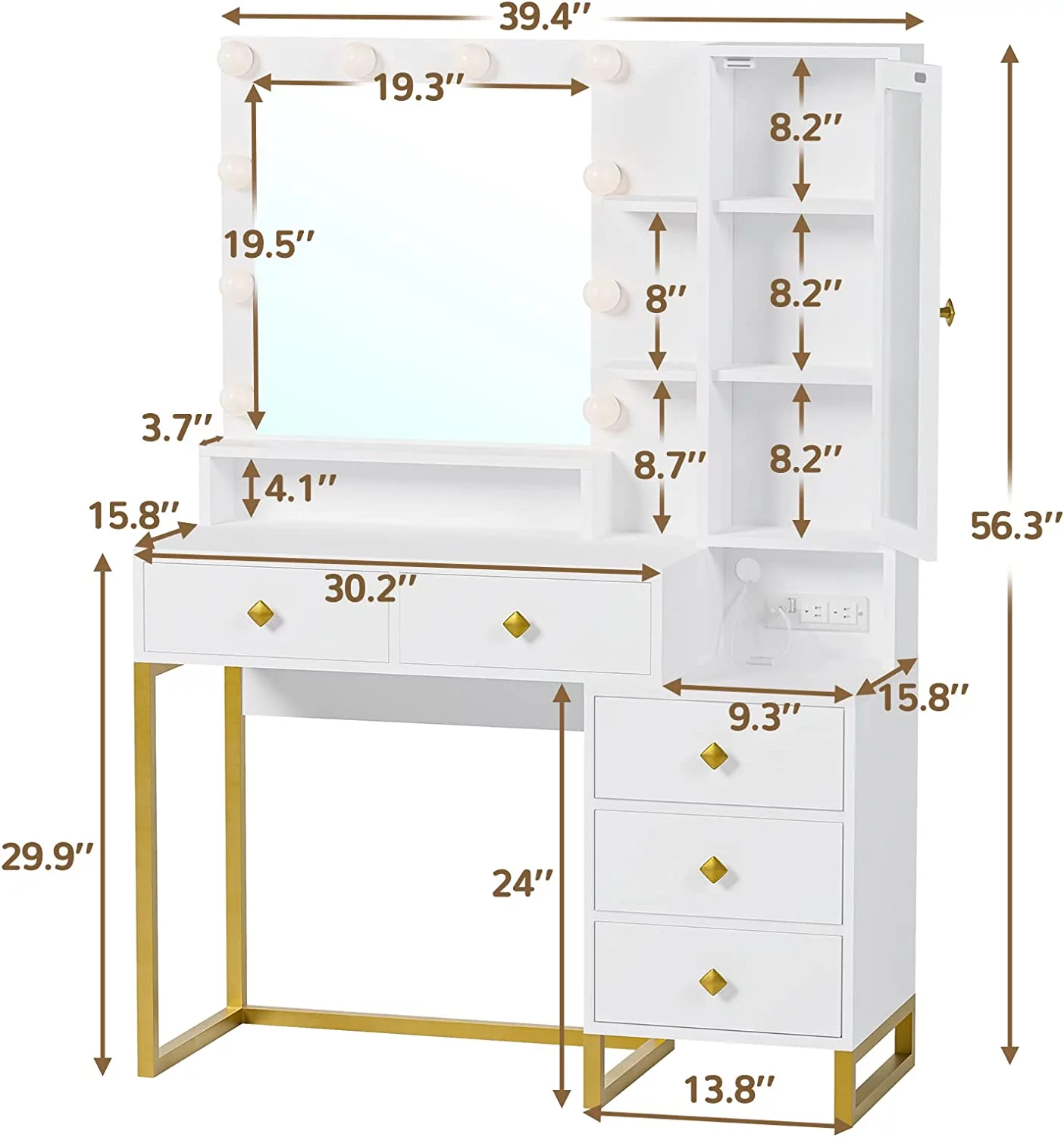 Vanity Desk with LED Lighted Mirror, Makeup Desk with 5 Storage Drawers & 6 Shelves, Vanity Table with Charging Station