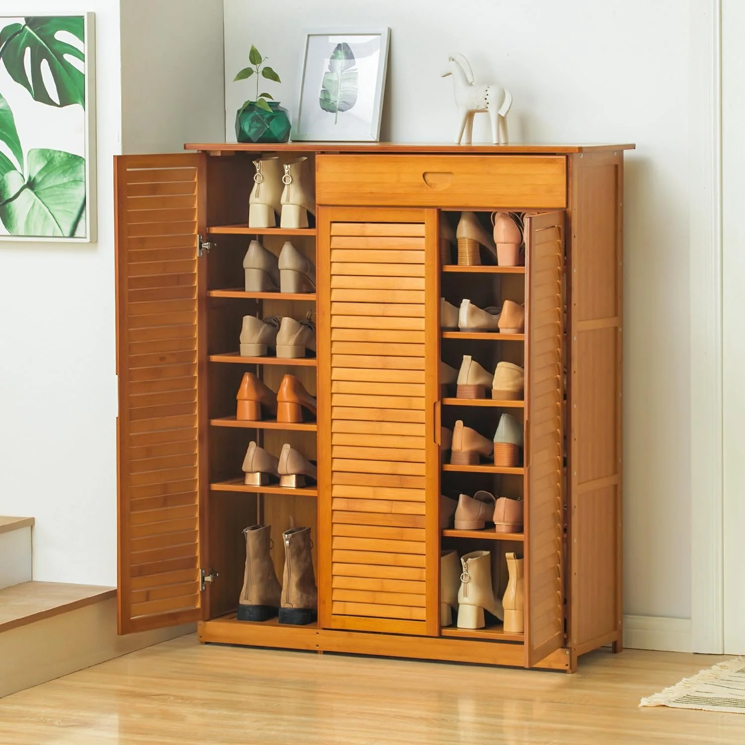 Bamboo Multi-Tier Shoe Storage Cabinet With Drawer & Shutter Door For Narrow Closet, Hallway, Living Room