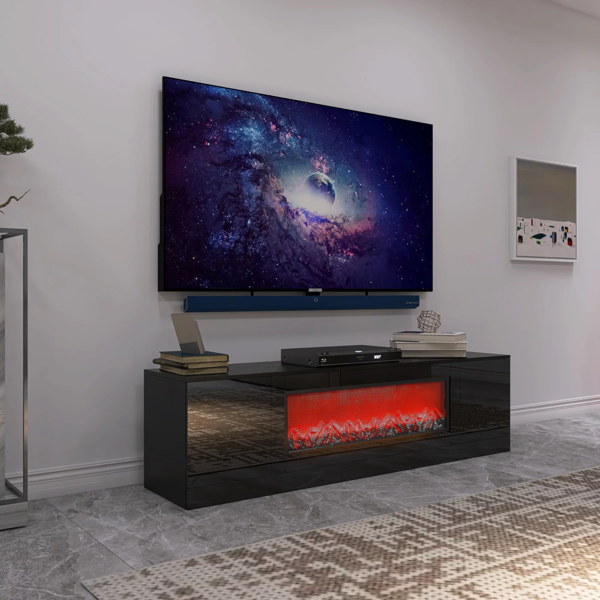 Modern Black Electric Fireplace TV Stand - Wood Texture, High Glossy Surface - No Heating, Removable Partition (1 Box)