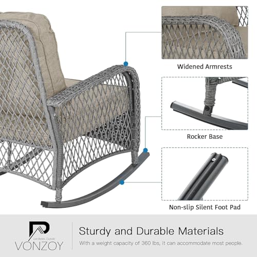 Patio Furniture Set 3 Pieces, Wicker Rocking Bistro Set with Thick Cushions, Outdoor Rocker Chairs and Coffee Table for Porch