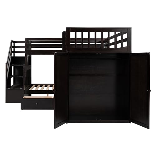 Merax L-Shaped Triple Bunk Bed with Desk & Stairs, Twin & Twin Over Full Bunk Bed for 3, Storage Drawers and Wardrobe Included, for Adults