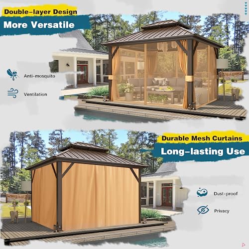 MELLCOM 10'x13' Hardtop Gazebo with Polycarbonate Double Roof, Aluminum Frame Outdoor Gazebo Permanent Pavilion with Curtains and Netting for Patio