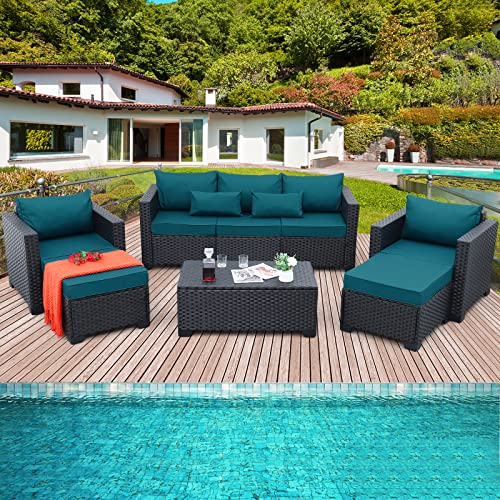 Rattaner Patio Wicker Furniture Set 6 Pieces Outdoor HDPE Wicker Conversation Couch Sectional Chair Sofa Set with Grey Cushions