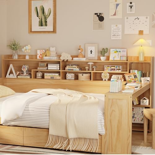 Bellemave Twin Corner Bed Frame with Storage Shelves and Desk, Wood Twin Size Daybed with Bookcase and Drawers and Storage, Gray