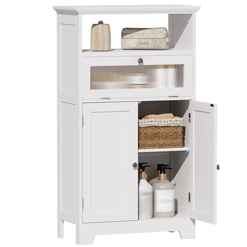 ChooChoo Bathroom Floor Storage Cabinet with Flip Glass Drawer, Freestanding with 2 Doors, Adjustable Shelf & 1 Open Storage for Living Room, Hallway
