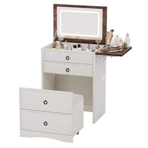 3-in-1 Vanity Set with LED Lighted Flip Top Mirror, Makeup Table with Fold-Up Panel, Hidden Stool, Charging Station