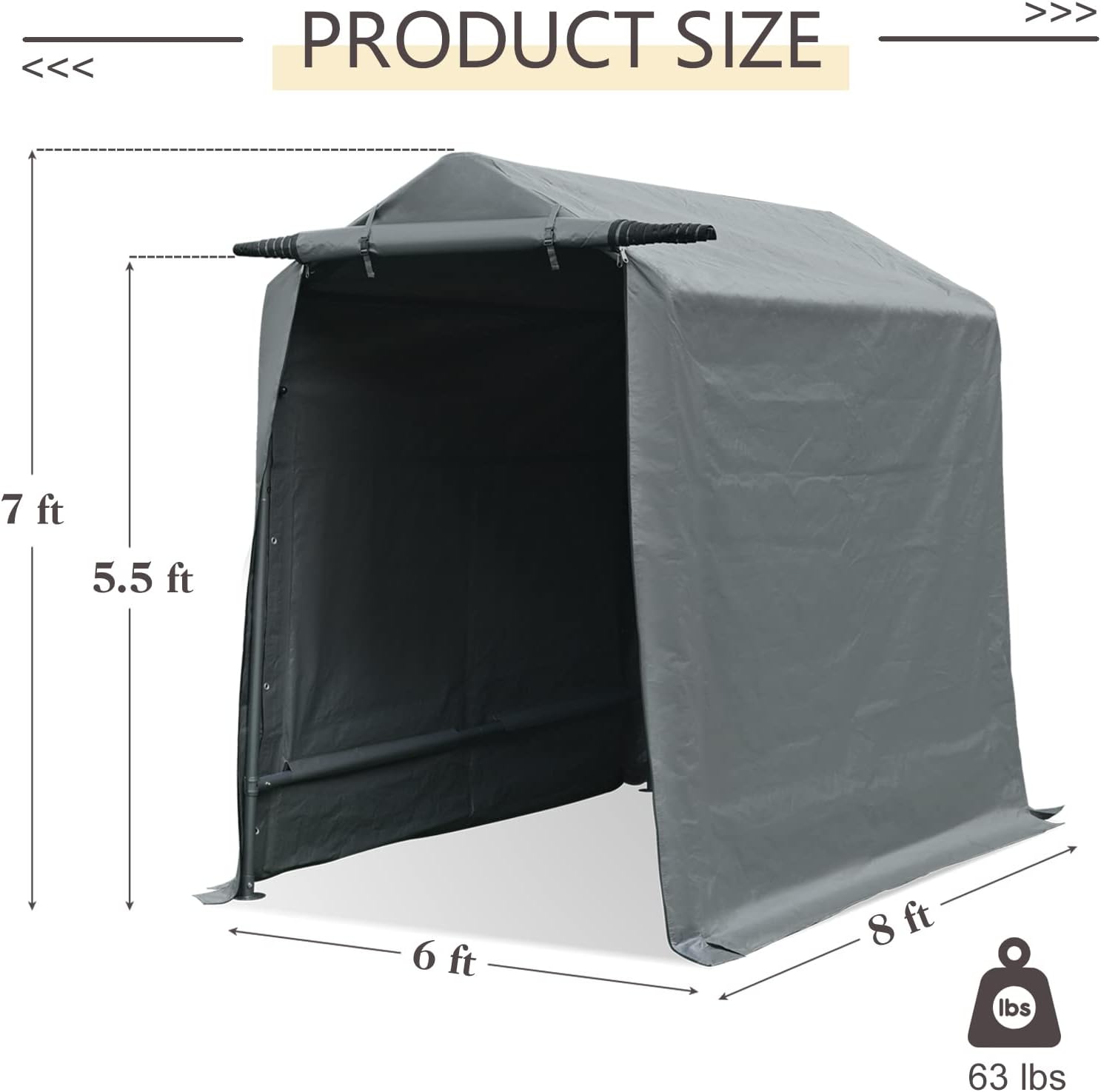 Gardesol Storage Shelter, 6x8 ft Portable Shed Outdoor Carport with Roll-up Zipper Door, Waterproof and UV Resistant Outdoor Storage Shed for Bike