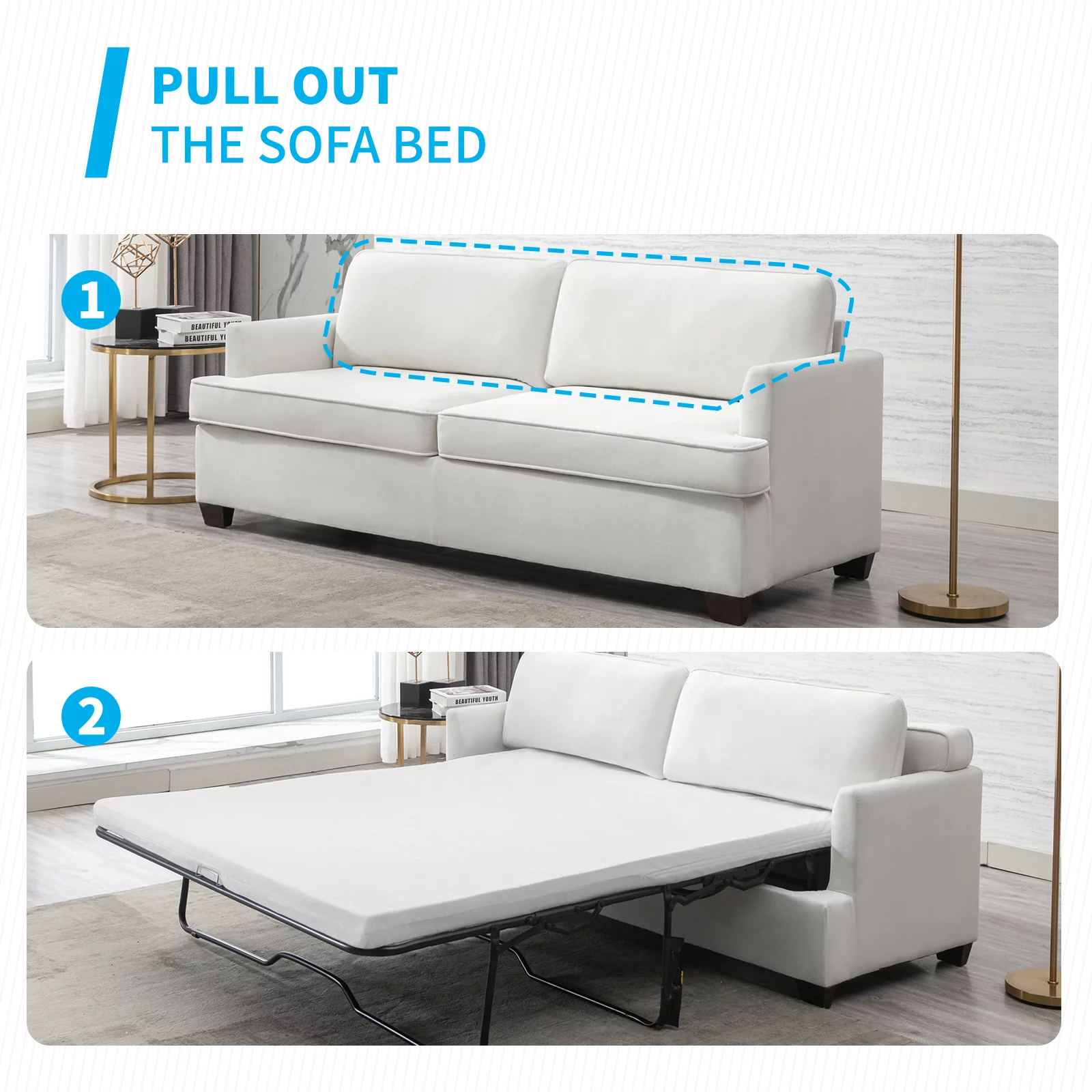 Mjkone 77.1"W Convertible Pull Out Sofa Bed with Foam Mattress , Velvet Loveseat Sleeper Sofa Bed